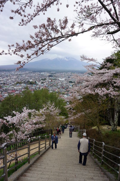 Výhľad na horu Fudži zo schodiska vedúceho k pagode Čureito