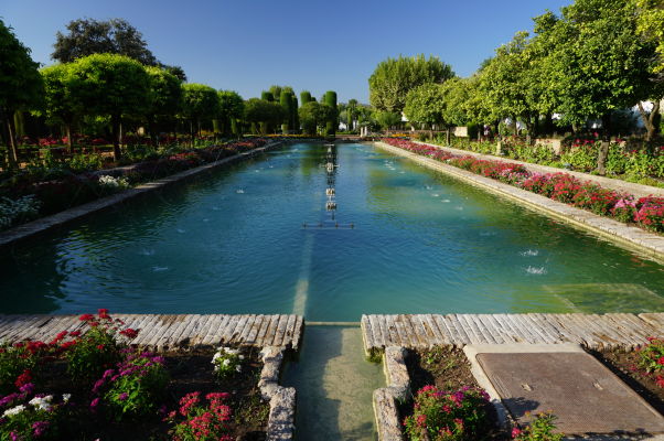 Záhrady a fontány v kráľovskom paláci Alcázar v Córdobe